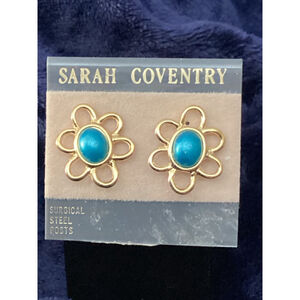 Sarah Coventry Gold Teal Flower Stud Earrings 1692